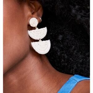 ON 34th Off White Stone Beading Boho Woven Raffia Drop Earrings